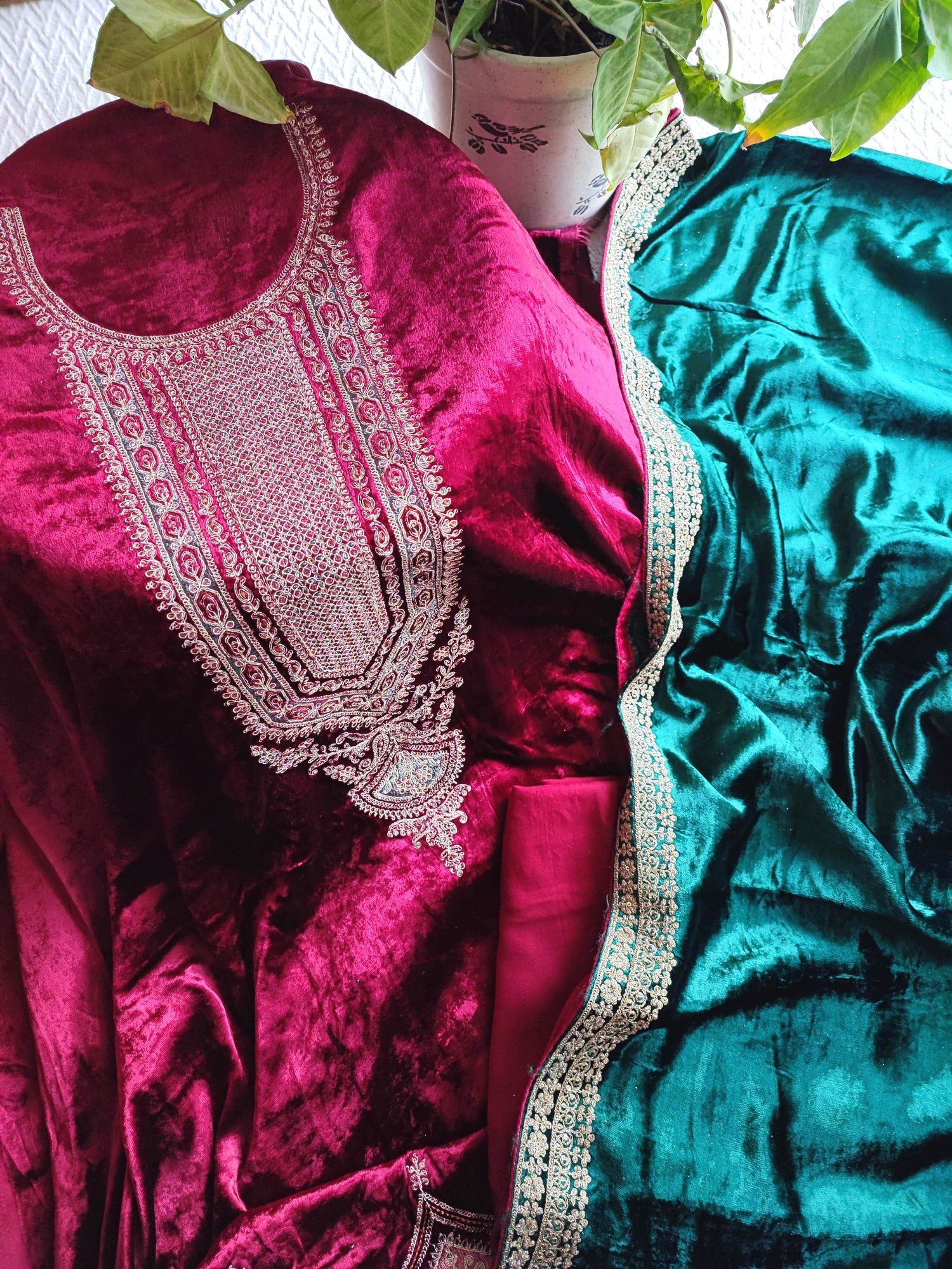 maroon velvet heavy embroidered suit