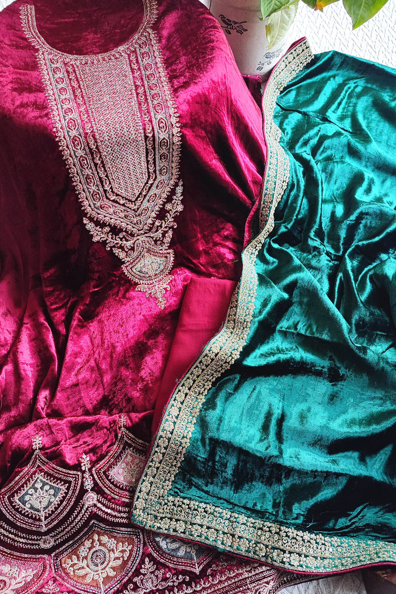 maroon velvet heavy embroidered suit