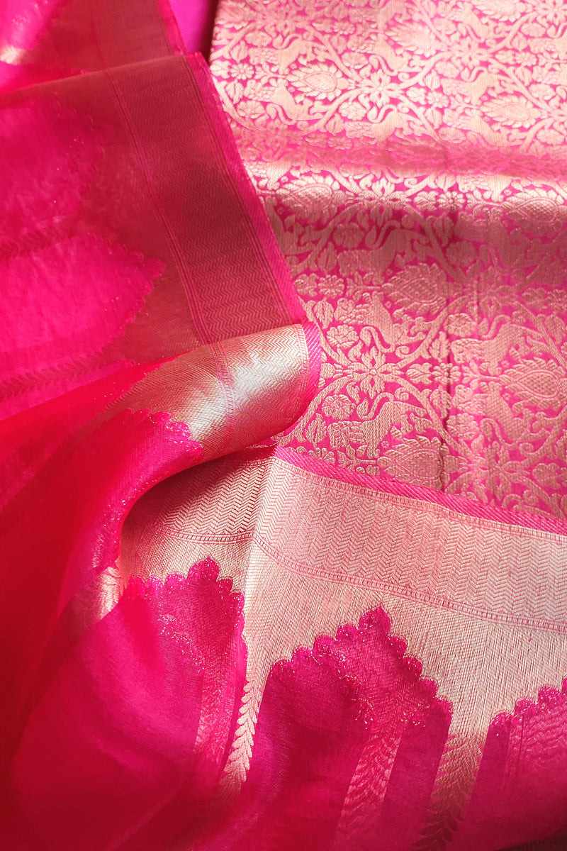 Zari striped dupatta in bright pink Banarasi suit set