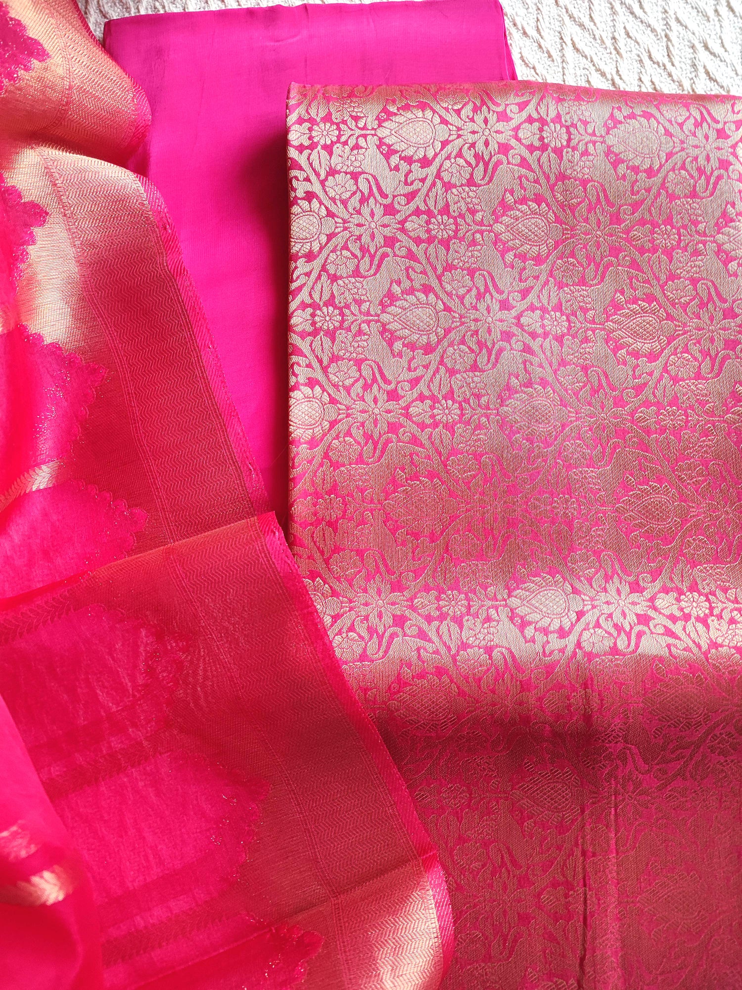 Zari striped dupatta in bright pink Banarasi suit set