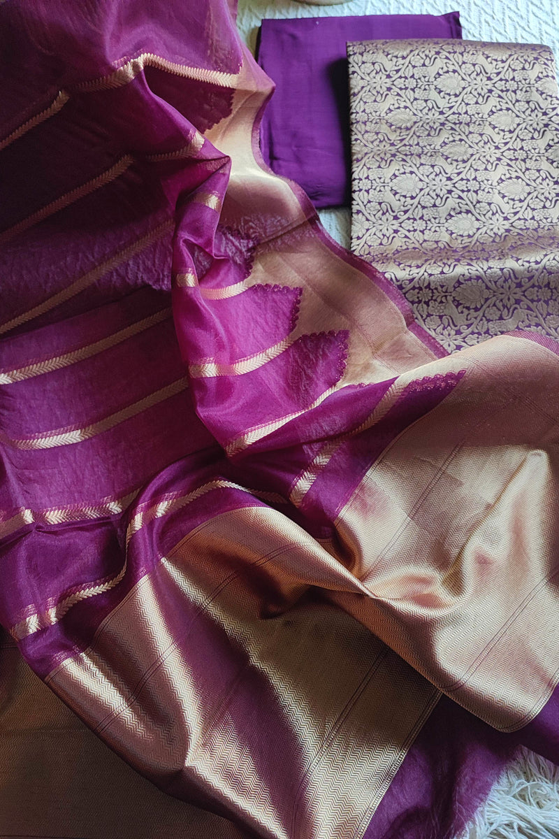 Brocade top fabric in plum with floral zari weaving