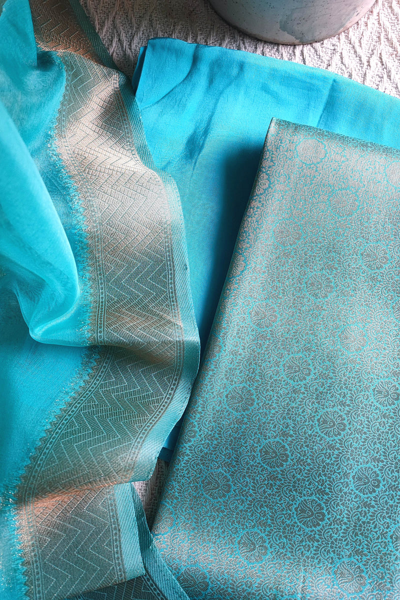 Turquoise Banarasi Georgette Suit with Gold Floral Zari & Organza-Style Dupatta