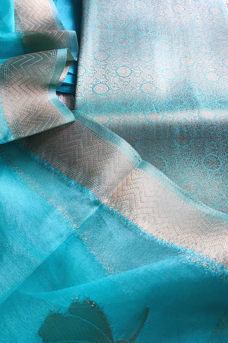 Turquoise Banarasi Georgette Suit with Gold Floral Zari & Organza-Style Dupatta