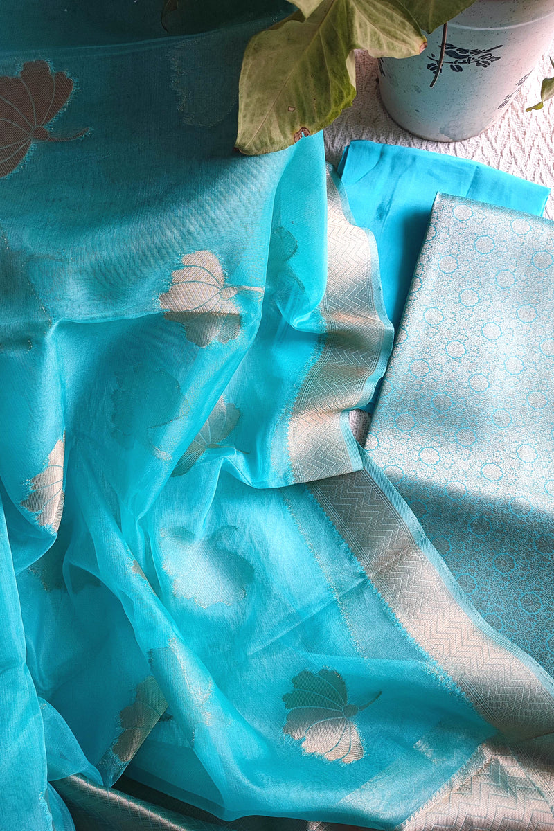 Turquoise Banarasi Georgette Suit with Gold Floral Zari & Organza-Style Dupatta