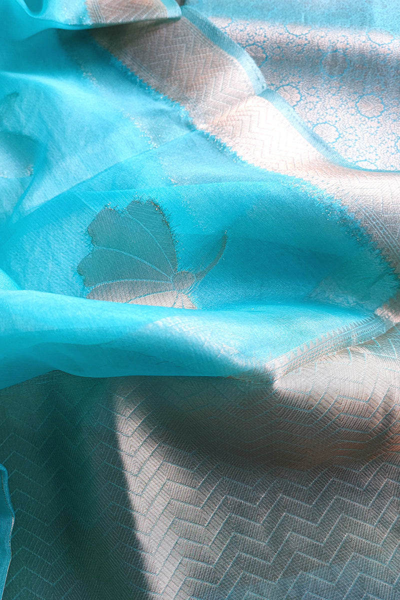Turquoise Banarasi Georgette Suit with Gold Floral Zari & Organza-Style Dupatta