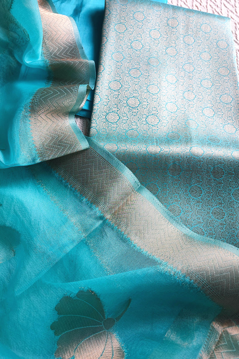 Turquoise Banarasi Georgette Suit with Gold Floral Zari & Organza-Style Dupatta