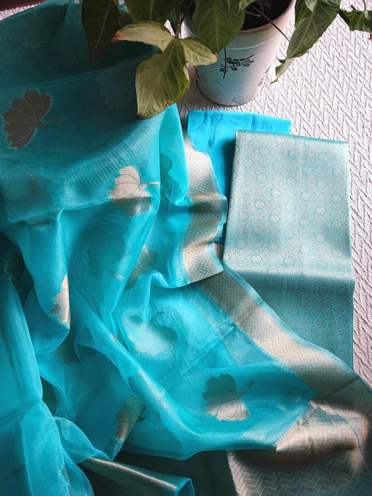 Turquoise Banarasi Georgette Suit with Gold Floral Zari & Organza-Style Dupatta