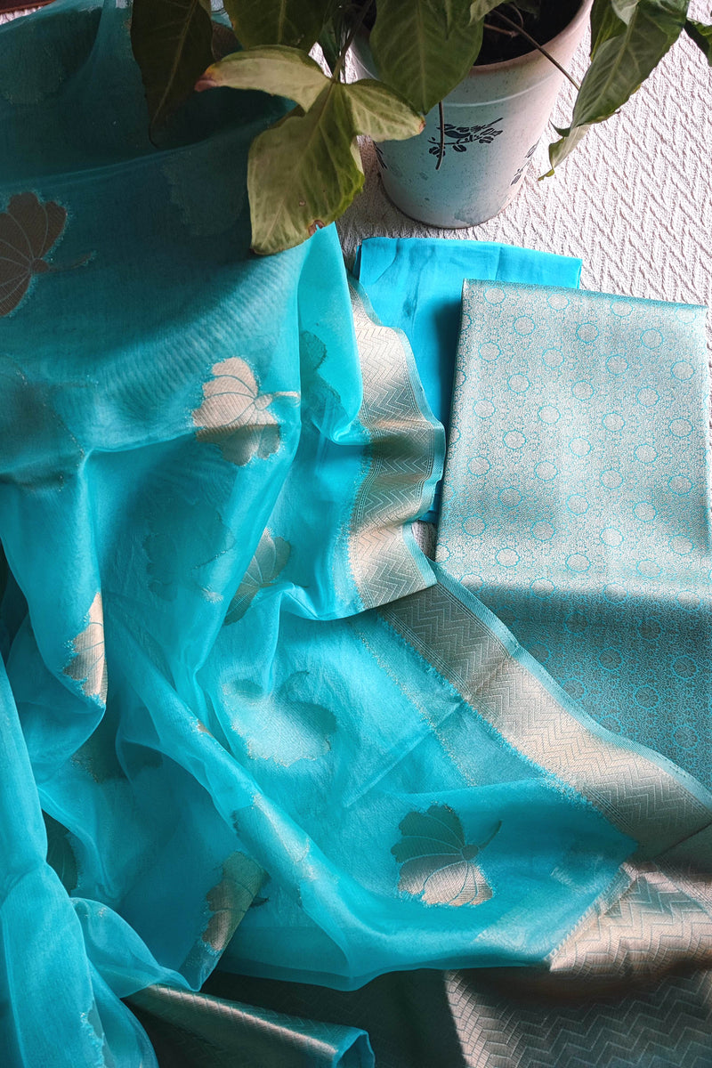 Turquoise Banarasi Georgette Suit with Gold Floral Zari & Organza-Style Dupatta