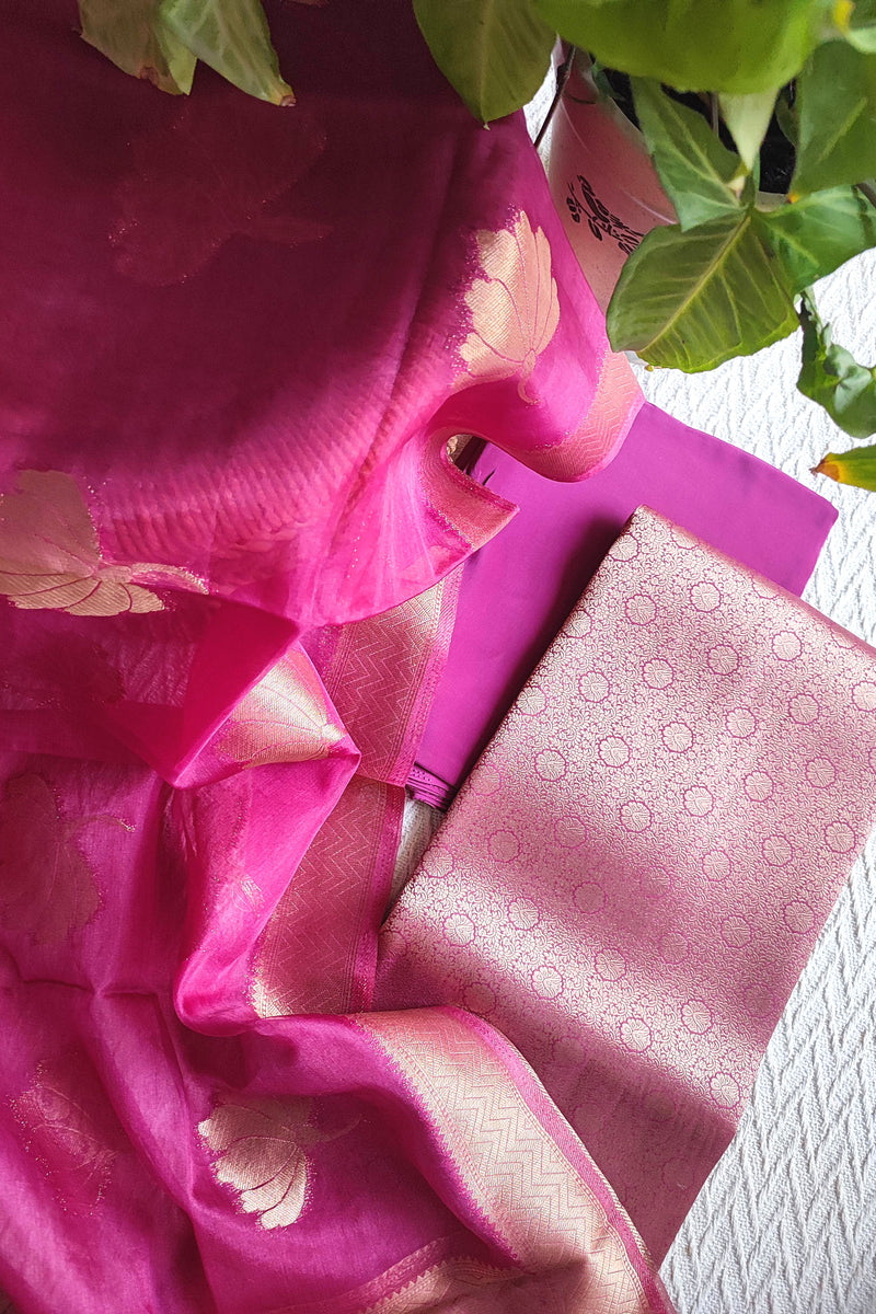 Organza dupatta with woven zari border in pink tone