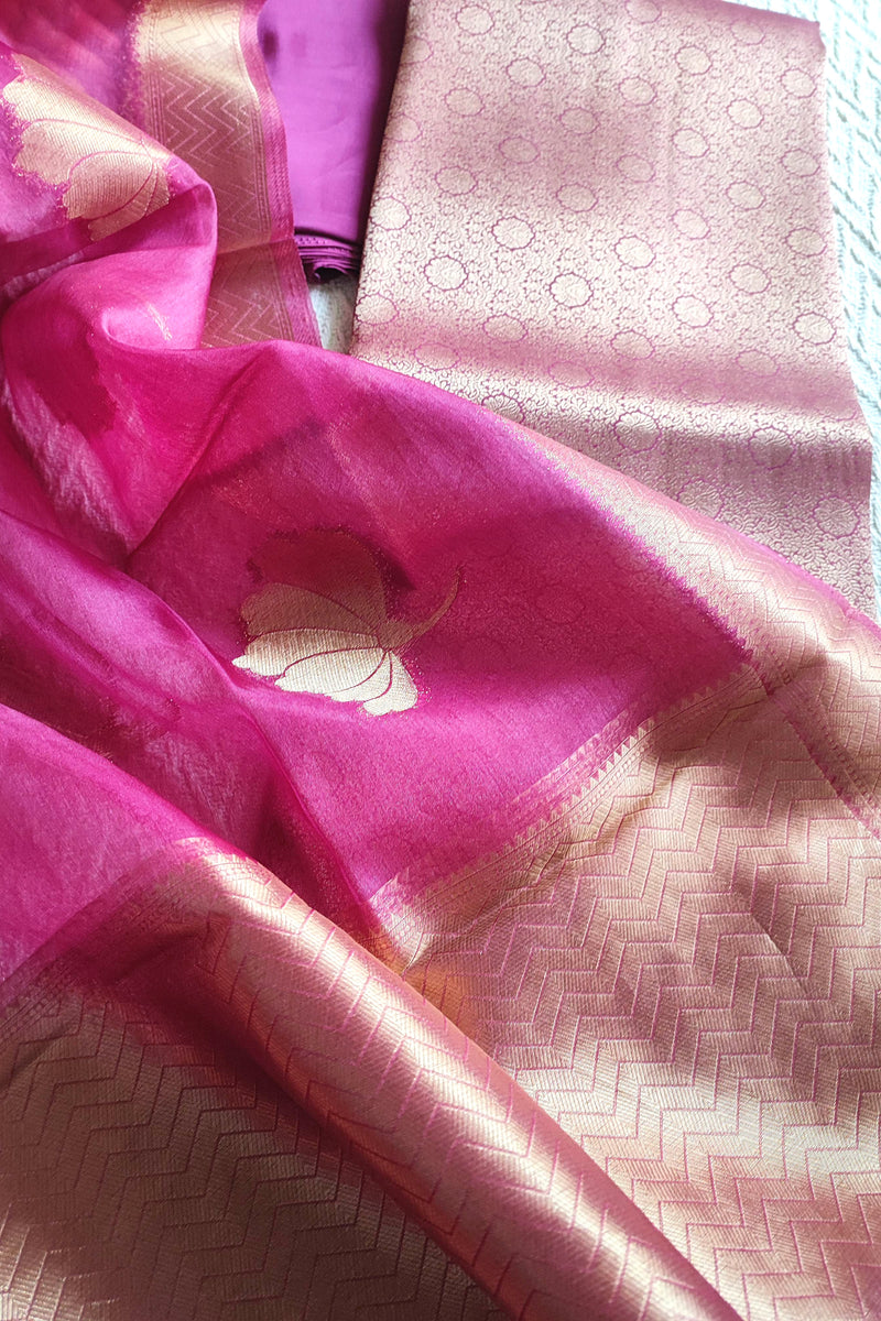 Organza dupatta with woven zari border in pink tone