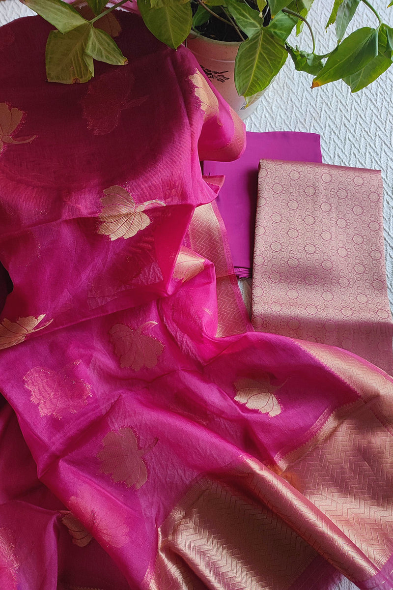 Organza dupatta with woven zari border in pink tone