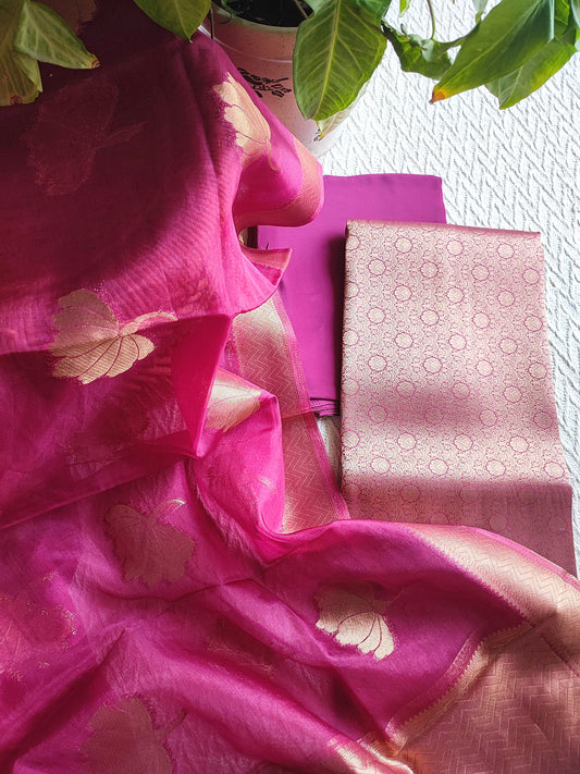 Organza dupatta with woven zari border in pink tone