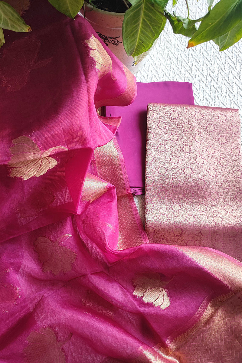 Organza dupatta with woven zari border in pink tone