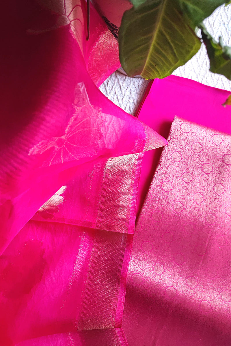 Fuchsia Banarasi Georgette Suit with Zari Floral Buta & Woven Organza Dupatta