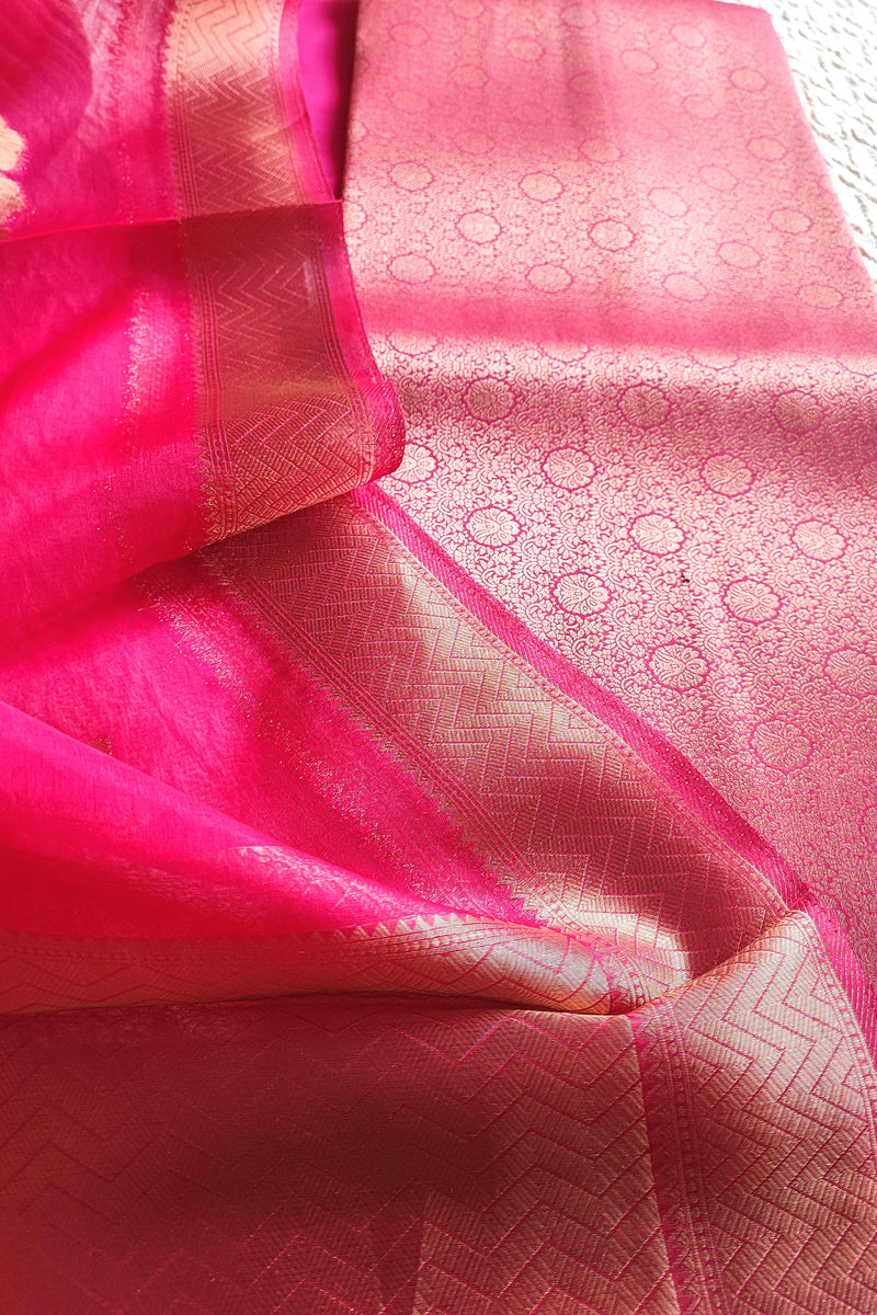 Fuchsia Banarasi Georgette Suit with Zari Floral Buta & Woven Organza Dupatta