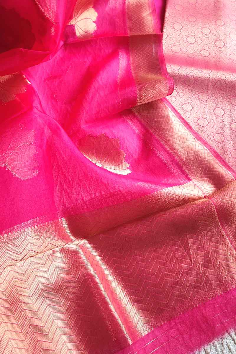 Fuchsia Banarasi Georgette Suit with Zari Floral Buta & Woven Organza Dupatta