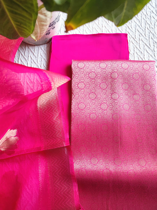 Fuchsia Banarasi Georgette Suit with Zari Floral Buta & Woven Organza Dupatta