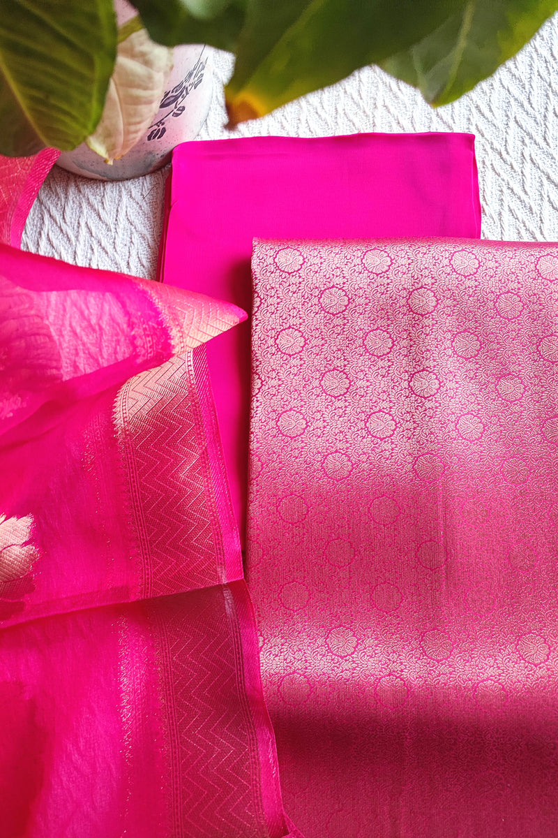 Fuchsia Banarasi Georgette Suit with Zari Floral Buta & Woven Organza Dupatta