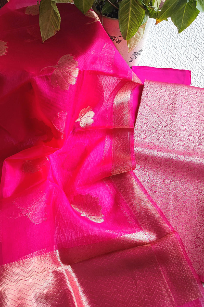 Fuchsia Banarasi Georgette Suit with Zari Floral Buta & Woven Organza Dupatta
