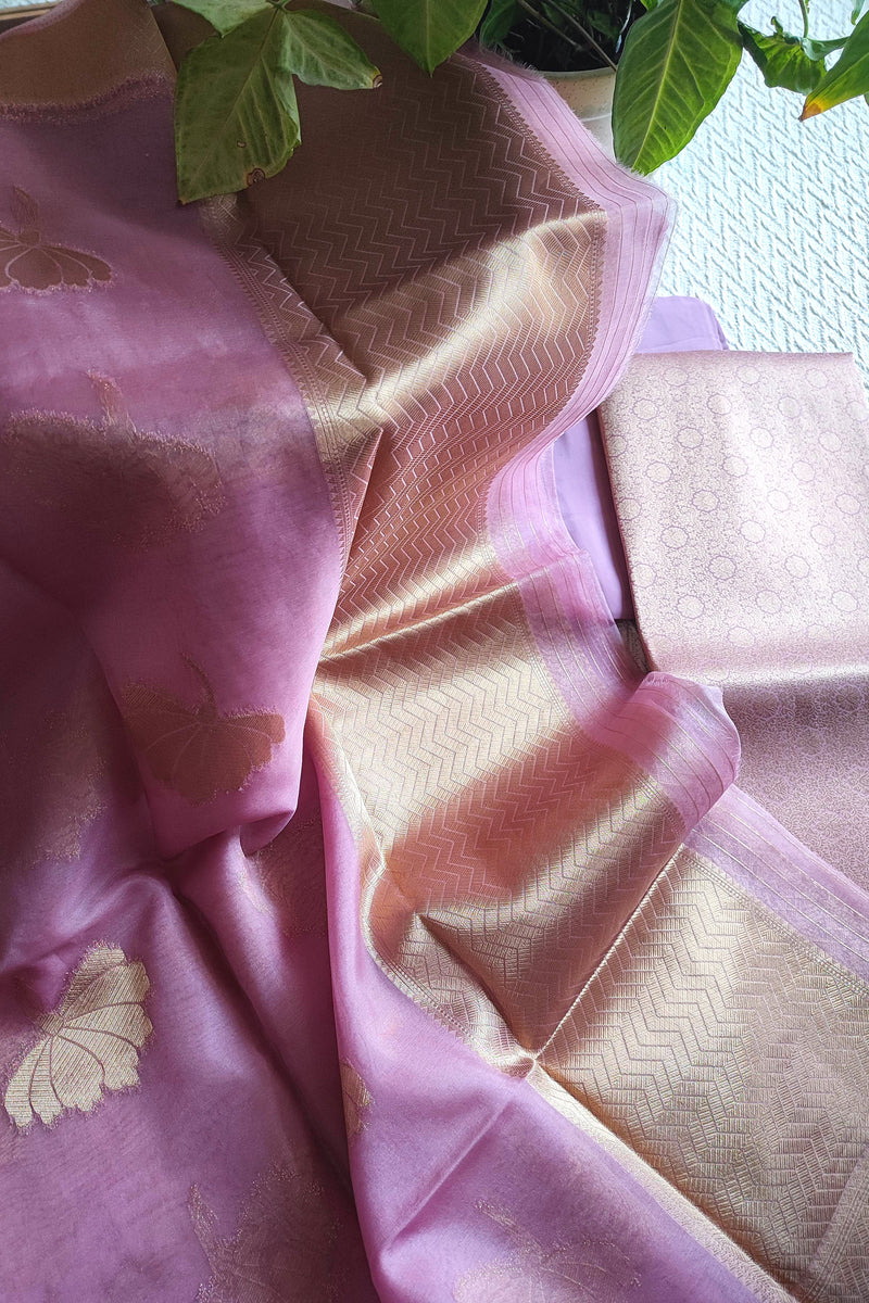 Unstitched Banarasi suit material in soft lavender pink