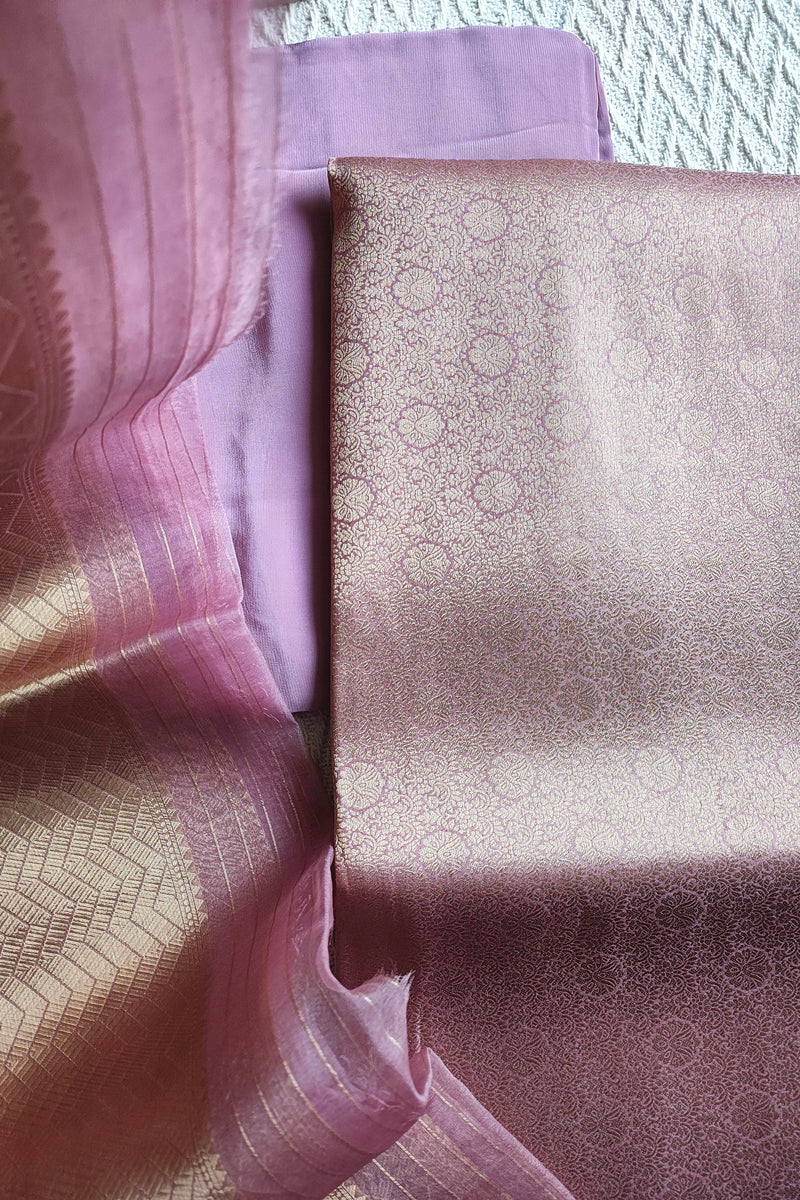 Unstitched Banarasi suit material in soft lavender pink