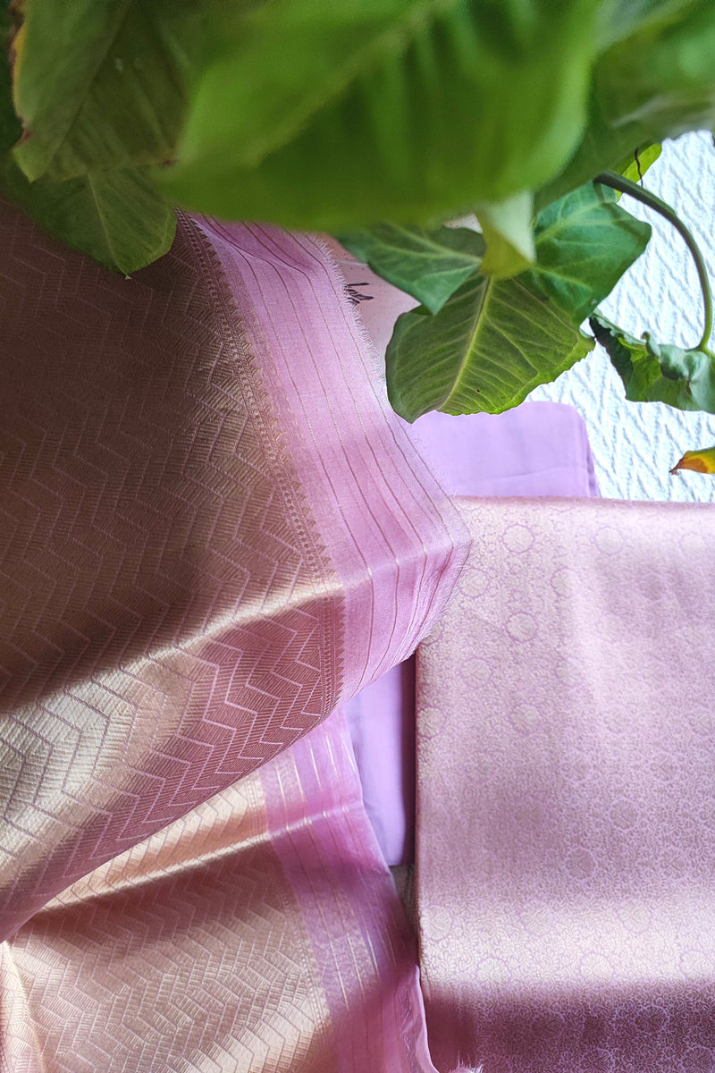 Unstitched Banarasi suit material in soft lavender pink