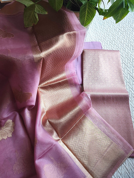 Unstitched Banarasi suit material in soft lavender pink
