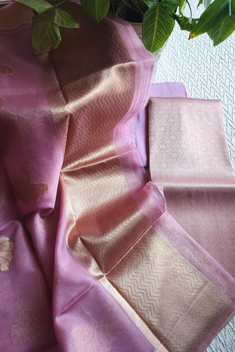 Unstitched Banarasi suit material in soft lavender pink