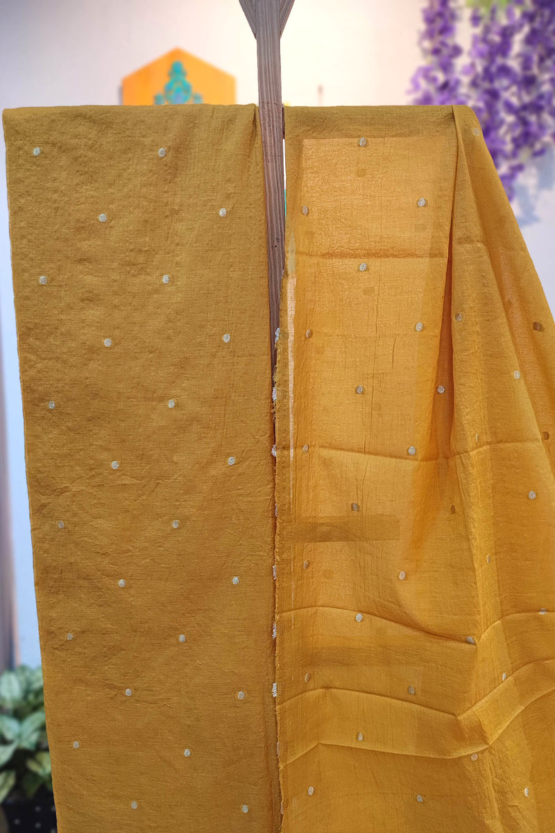 Mustard Woolen Unstitched Suit with Gold Polka Work & Zari Border Dupatta