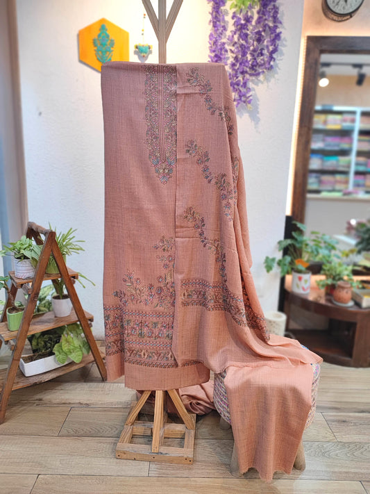 Dusty Rose Embroidered Woolen Suit | Floral Winter Dress Material