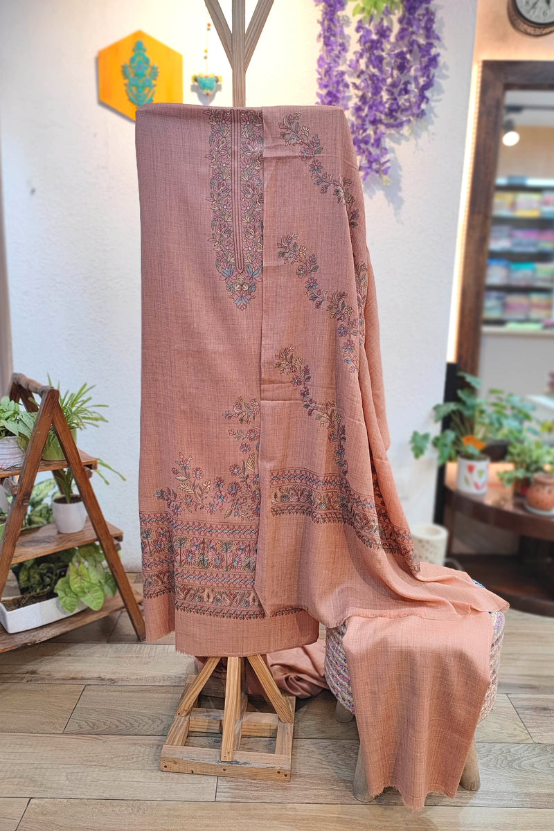 Dusty Rose Embroidered Woolen Suit | Floral Winter Dress Material