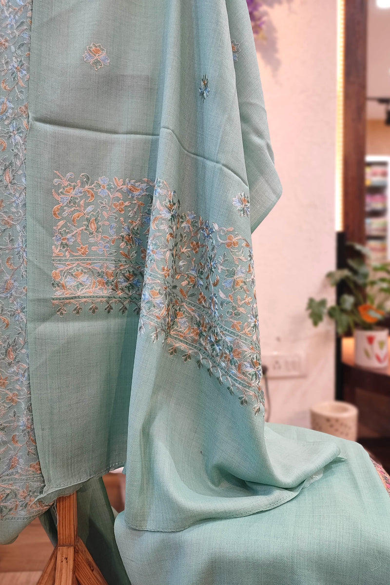 Aqua Blue Heavy Embroidered Woolen Suit | Premium Winter Wear