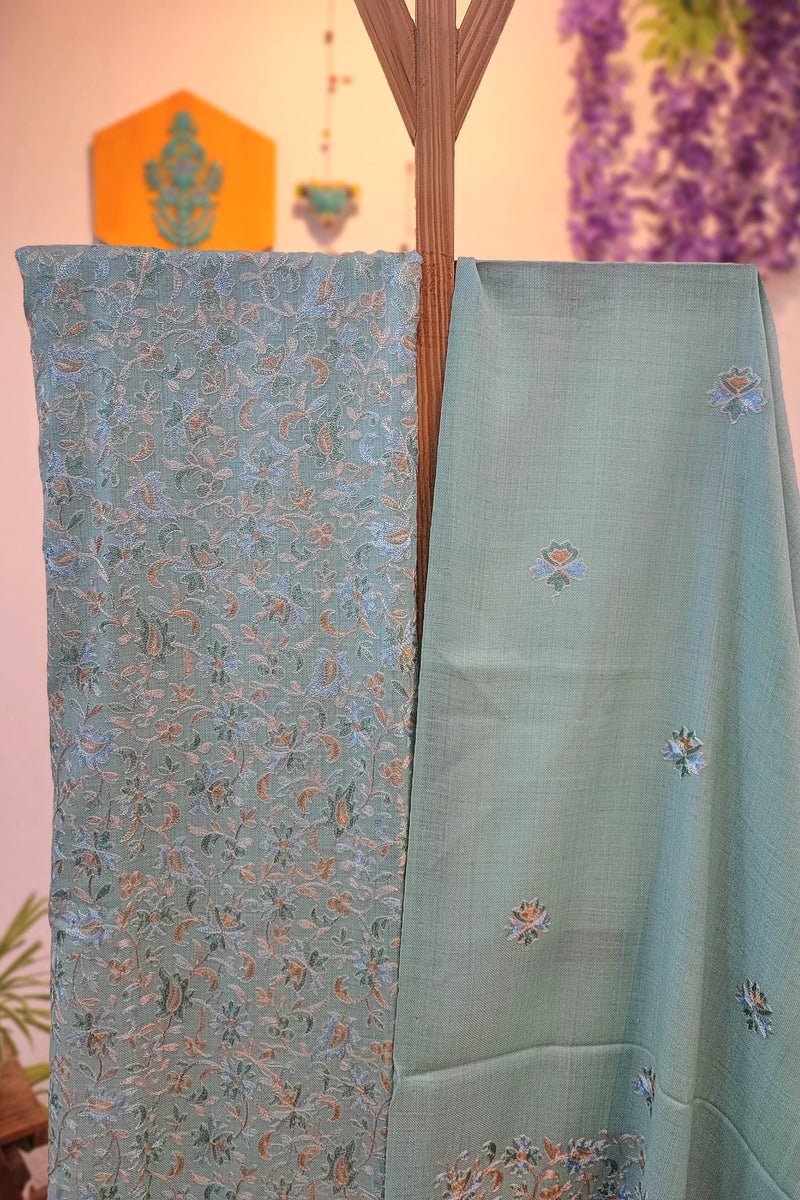 Aqua Blue Heavy Embroidered Woolen Suit | Premium Winter Wear