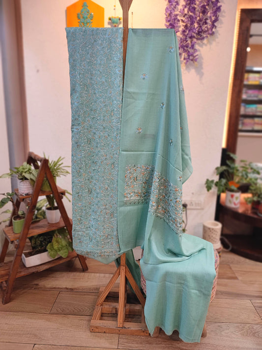 Aqua Blue Heavy Embroidered Woolen Suit | Premium Winter Wear