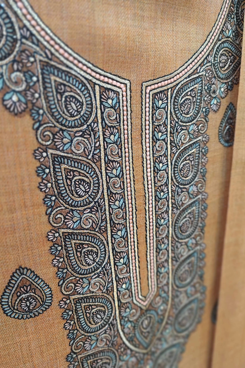 Classic Beige Pure Woolen Suit with Intricate Neck Embroidery