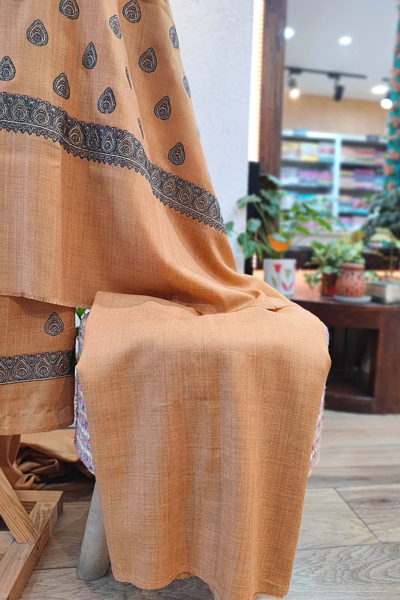 Classic Beige Pure Woolen Suit with Intricate Neck Embroidery