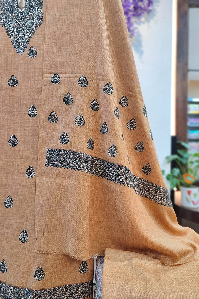 Classic Beige Pure Woolen Suit with Intricate Neck Embroidery

