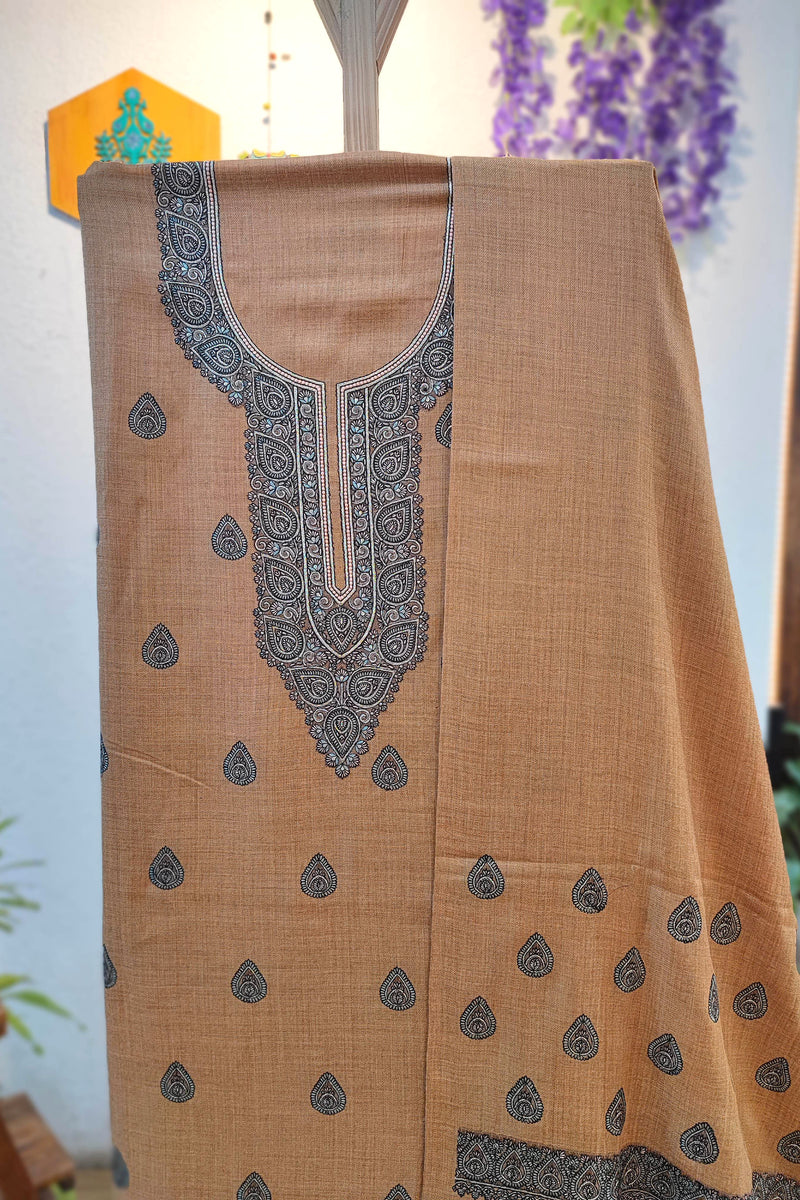 Classic Beige Pure Woolen Suit with Intricate Neck Embroidery