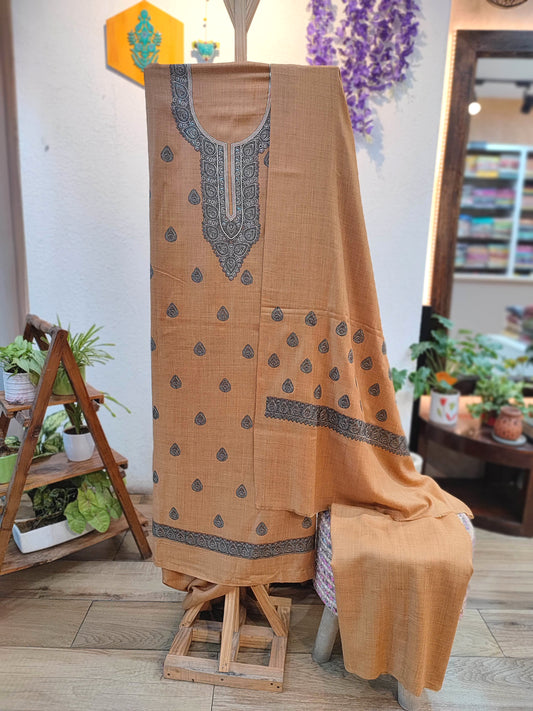 Classic Beige Pure Woolen Suit with Intricate Neck Embroidery