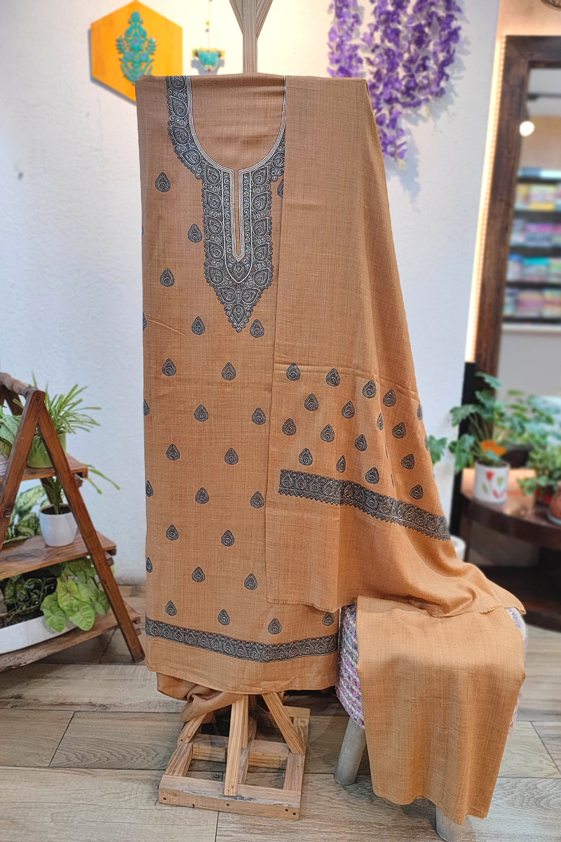 Classic Beige Pure Woolen Suit with Intricate Neck Embroidery
