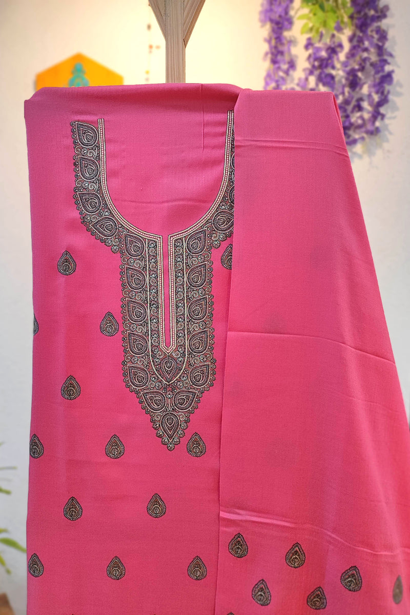Hot Pink Embroidered Woolen Suit | Kashmiri Style Winter Dress

