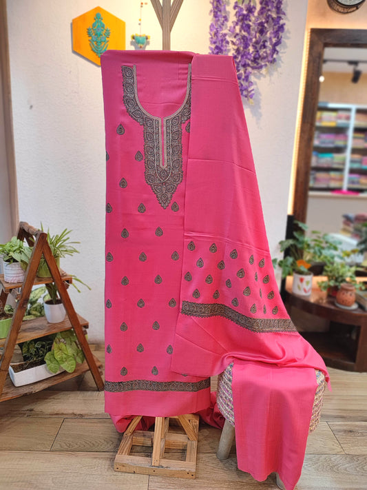 Hot Pink Embroidered Woolen Suit | Kashmiri Style Winter Dress