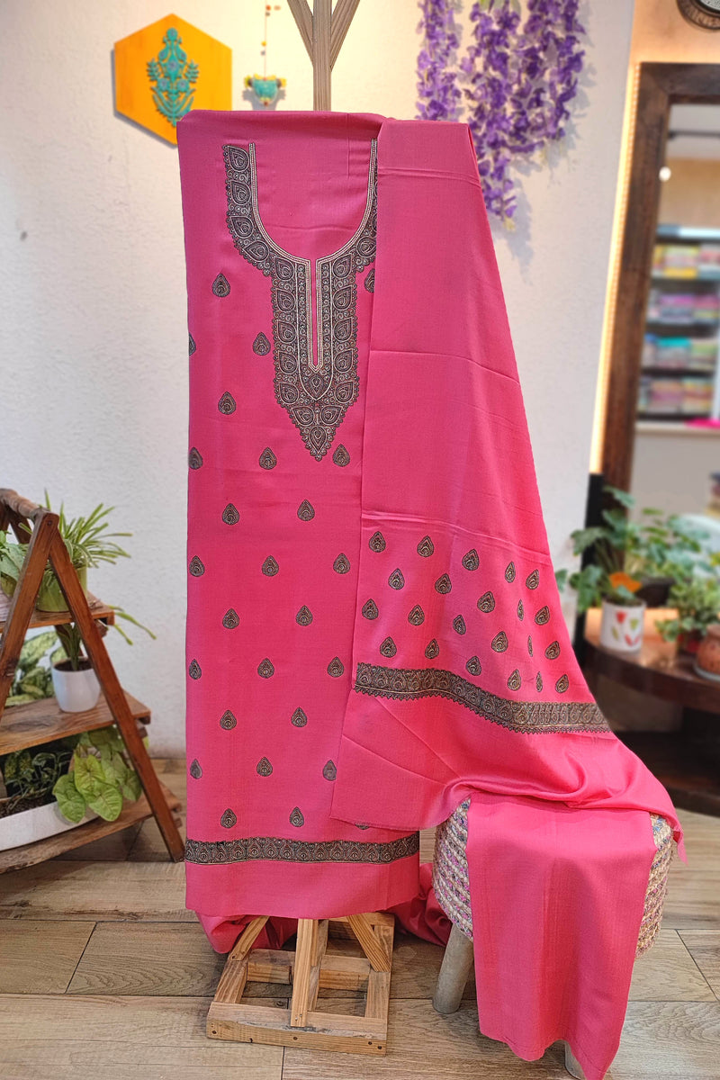 Hot Pink Embroidered Woolen Suit | Kashmiri Style Winter Dress