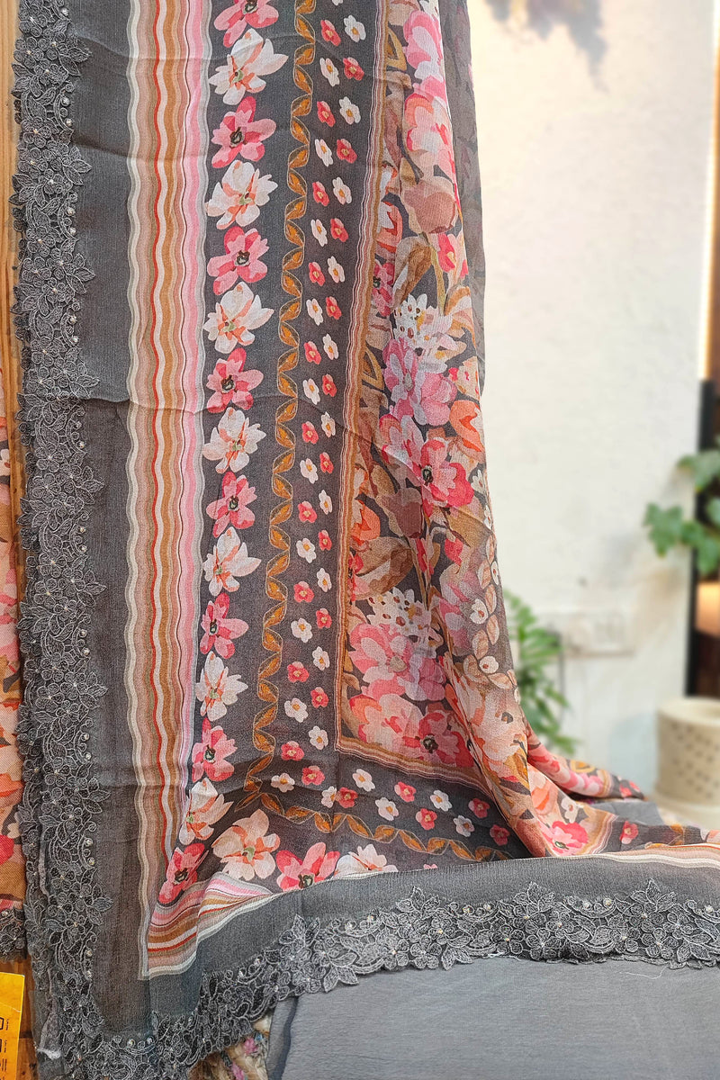 Charcoal Grey Floral Woven Suit | Modern Winter Dress Material