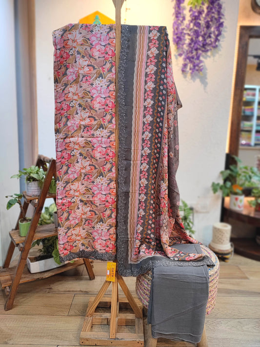 Charcoal Grey Floral Woven Suit | Modern Winter Dress Material