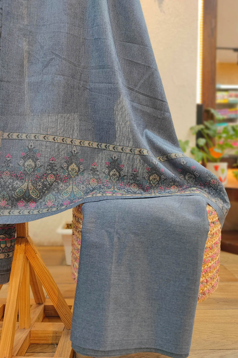 Premium Steel Grey Pure Woolen Suit with Intricate Kani Weaving – Unstitched Winter Dress Material