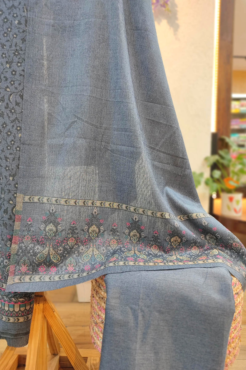 Premium Steel Grey Pure Woolen Suit with Intricate Kani Weaving – Unstitched Winter Dress Material