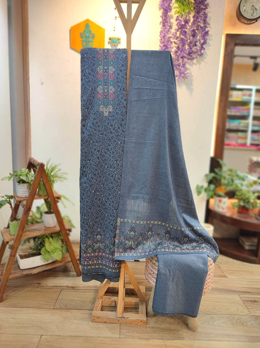 Premium Steel Grey Pure Woolen Suit with Intricate Kani Weaving – Unstitched Winter Dress Material