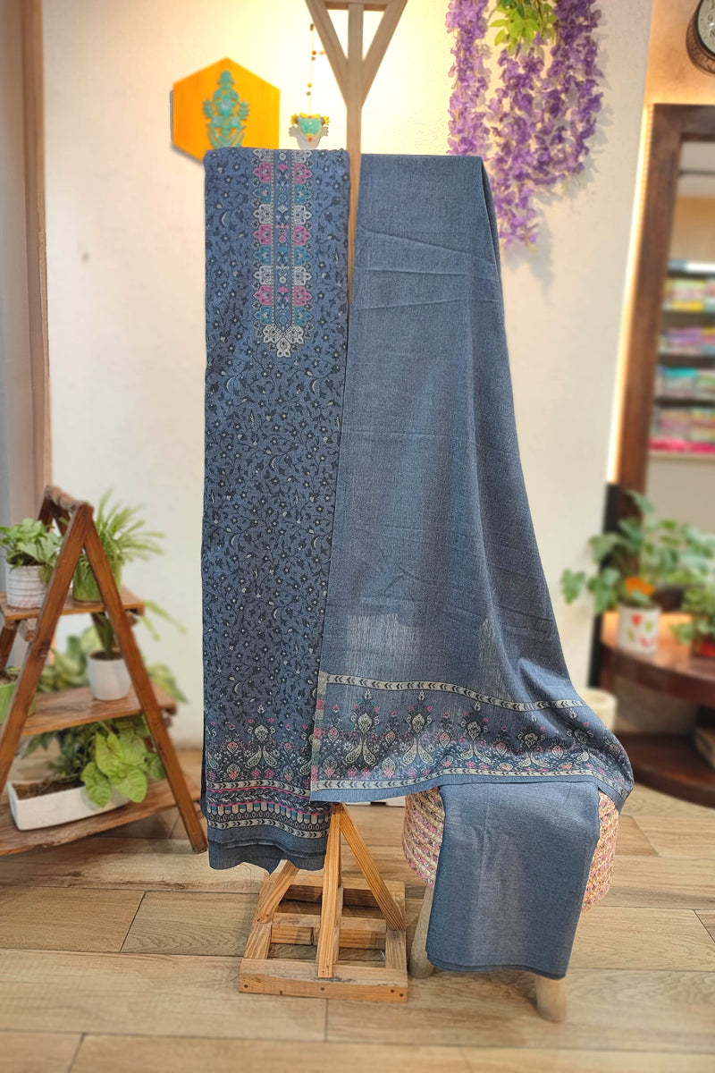Premium Steel Grey Pure Woolen Suit with Intricate Kani Weaving – Unstitched Winter Dress Material