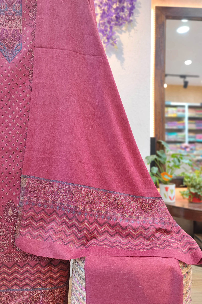 Wine Woven Woolen Suit | Premium Kani Style Winter Dress